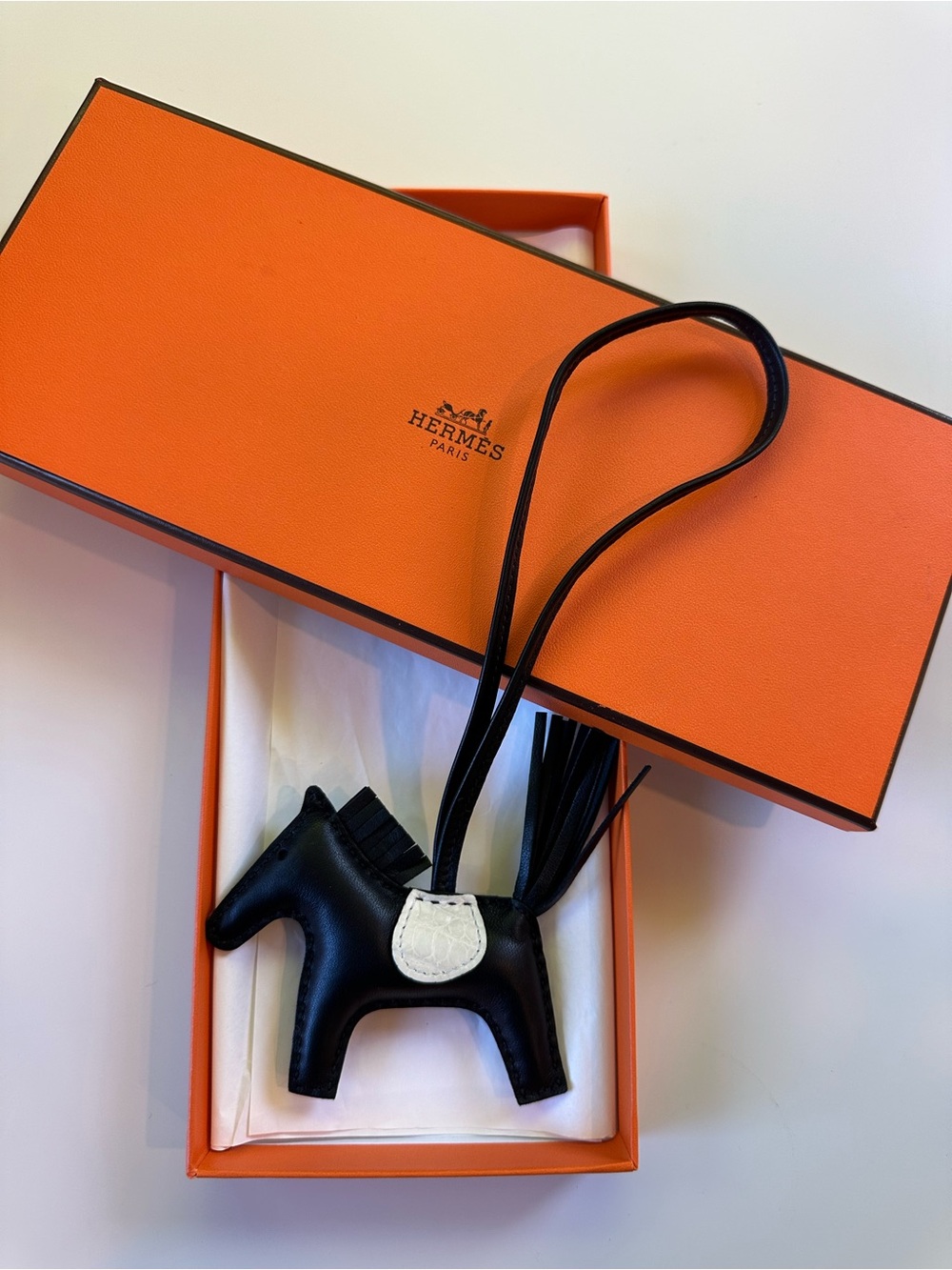 Hermès Rodeo Touch Bag Charm PM Black Milo Lambskin White Matte Alligator Saddle